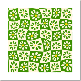 Kelly Green Wavy Floral Checkers Posters and Art